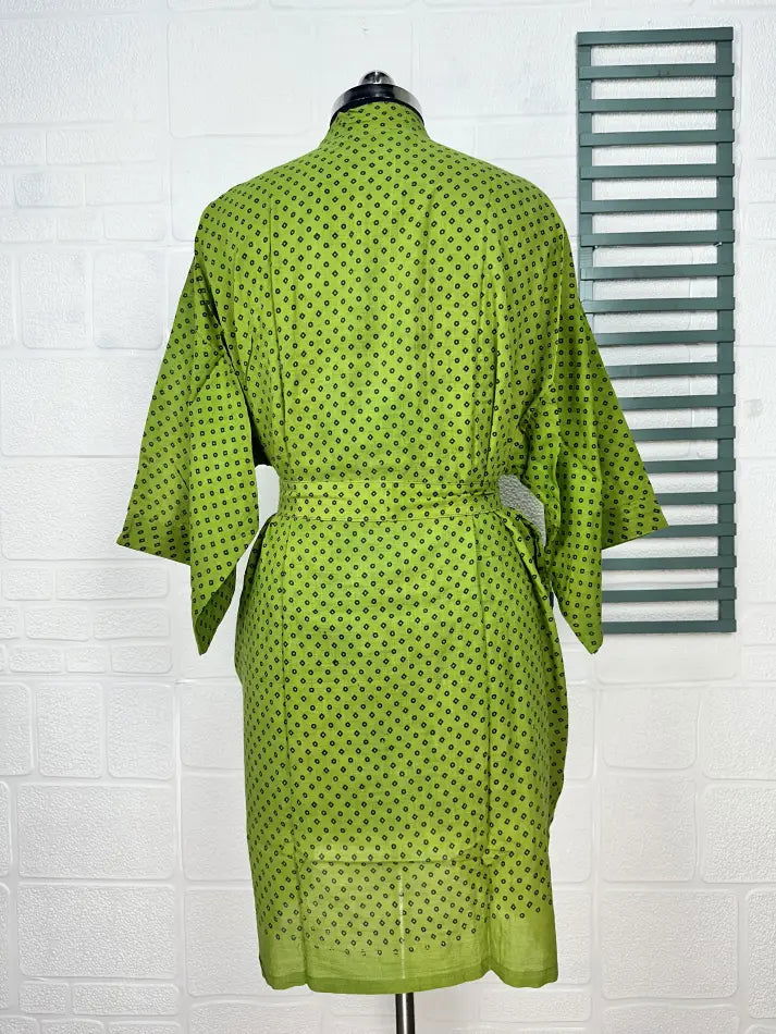 Cotton Kimono Robe in green black geometric