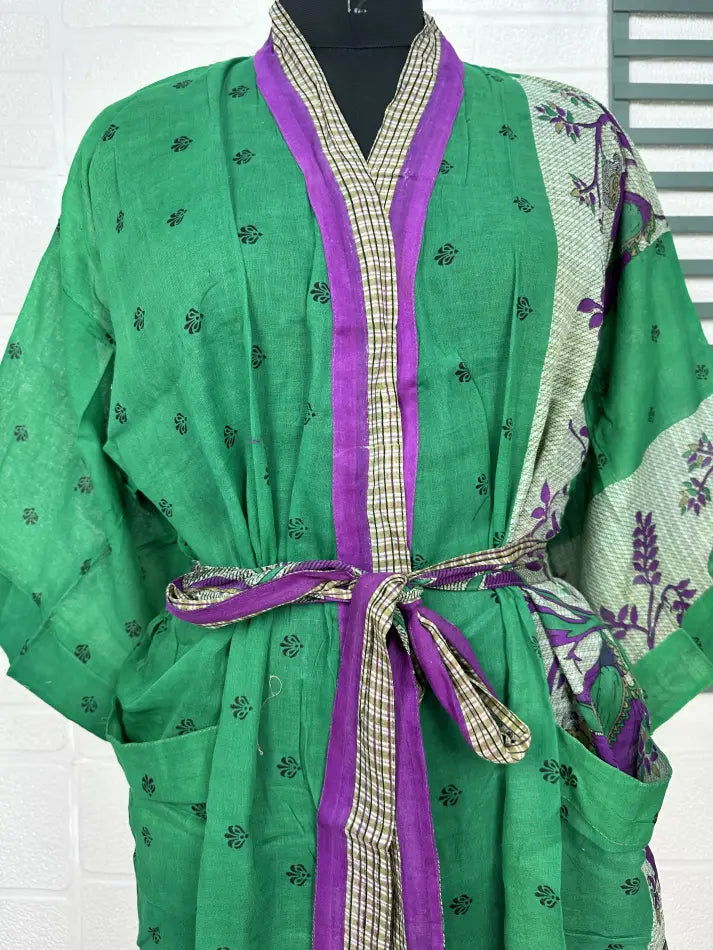 Cotton Kimono Robe in green purple floral