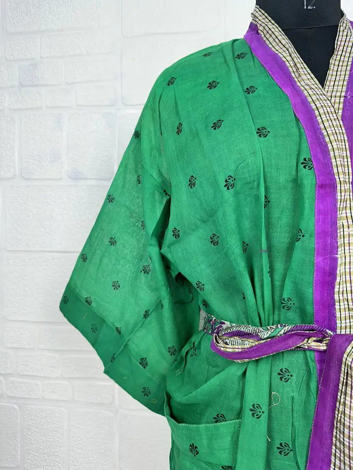 Cotton Kimono Robe in green purple floral