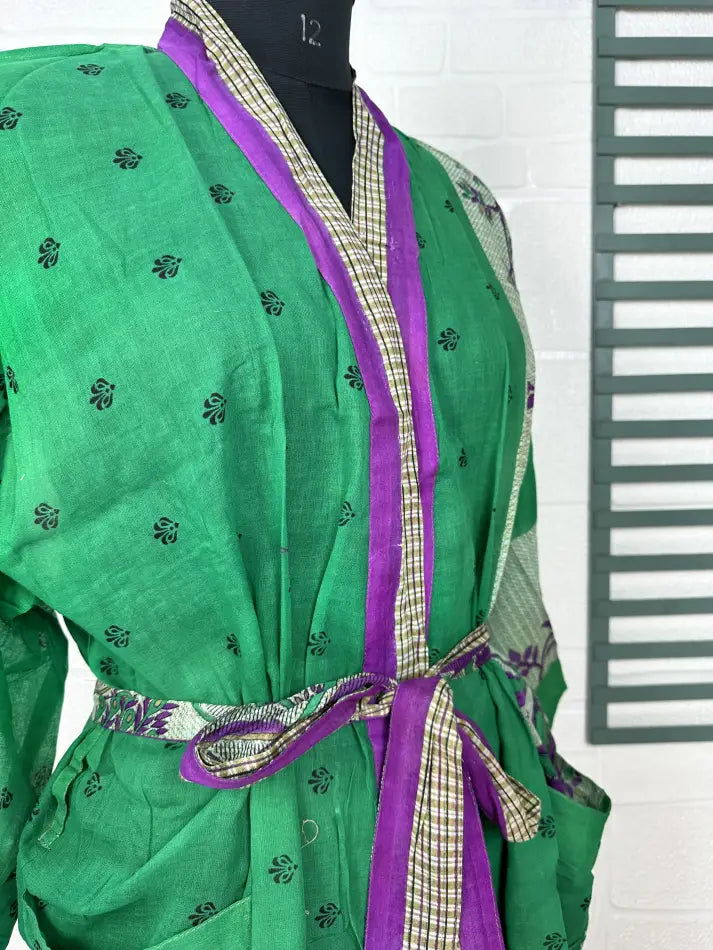 Cotton Kimono Robe in green purple floral