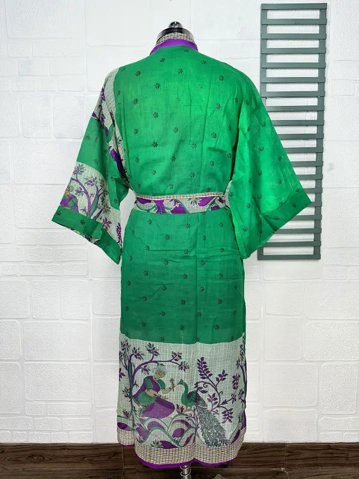 Cotton Kimono Robe in green purple floral