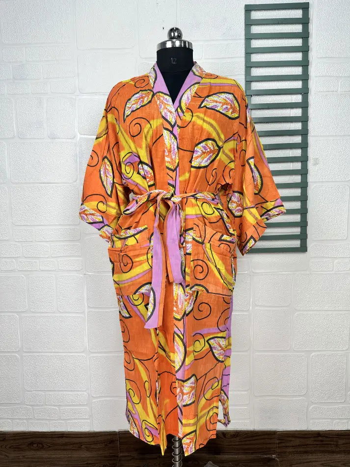 Cotton Kimono Robe in orange yellow leaf