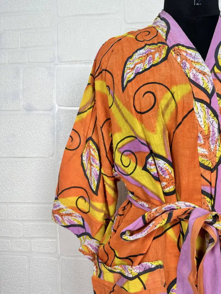 Cotton Kimono Robe in orange yellow leaf