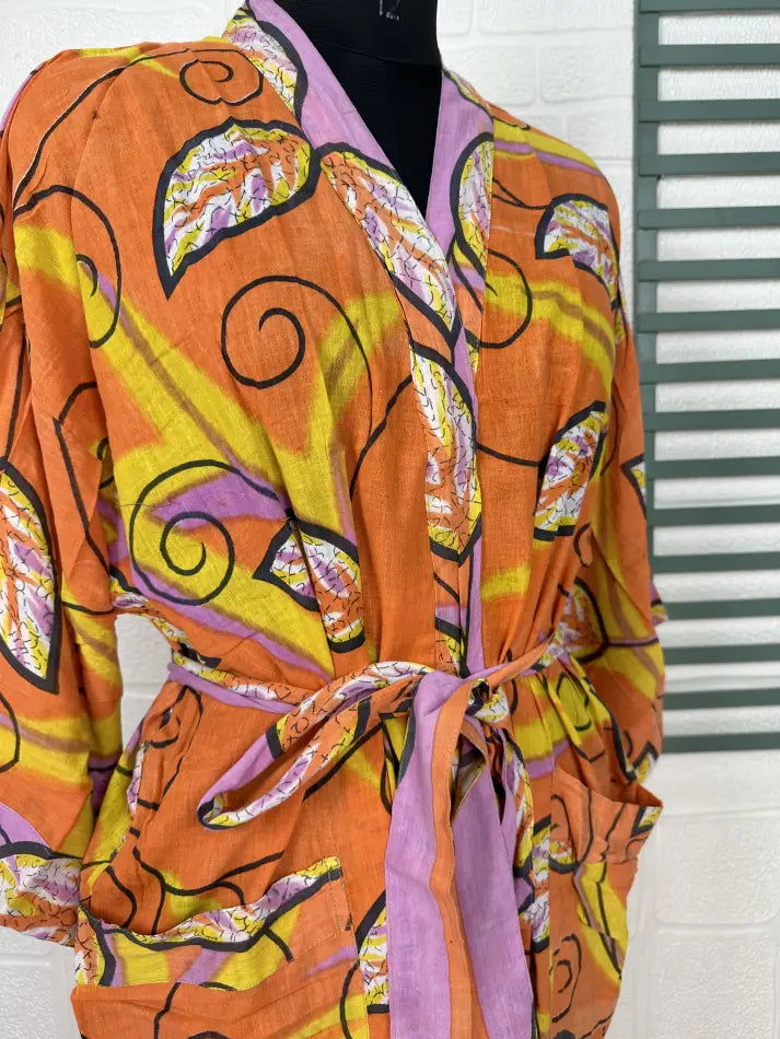 Cotton Kimono Robe in orange yellow leaf