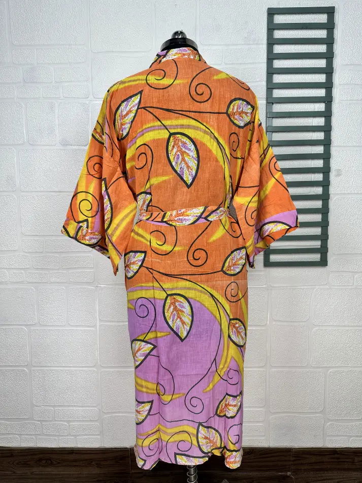 Cotton Kimono Robe in orange yellow leaf