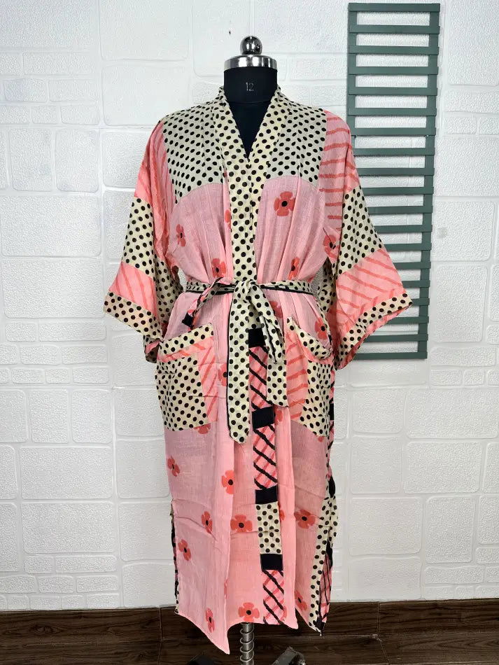Cotton Kimono Robe in pink beige floral