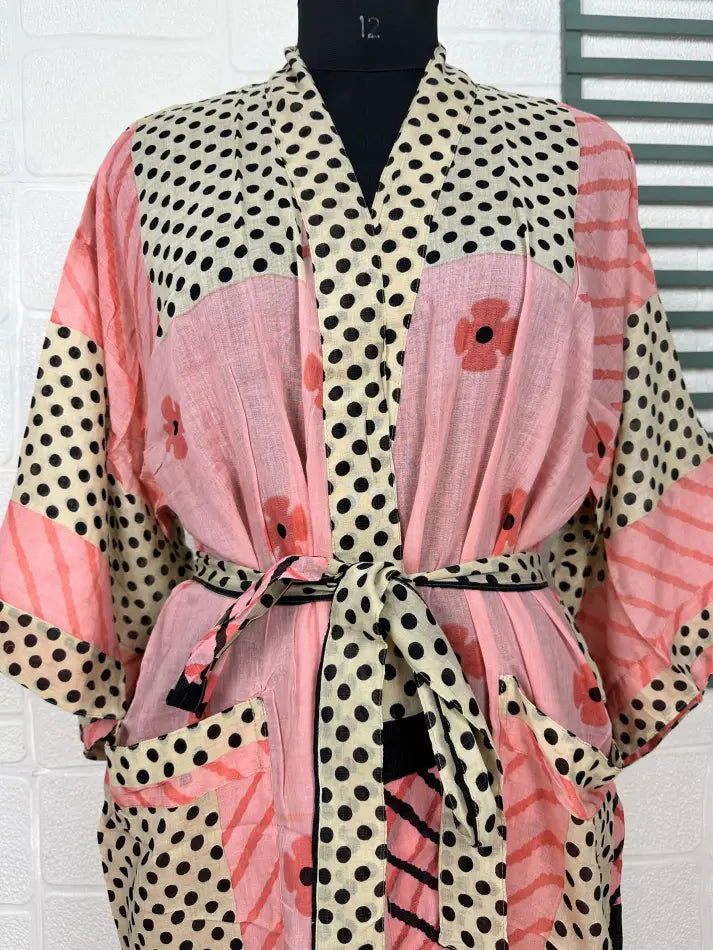 Cotton Kimono Robe in pink beige floral
