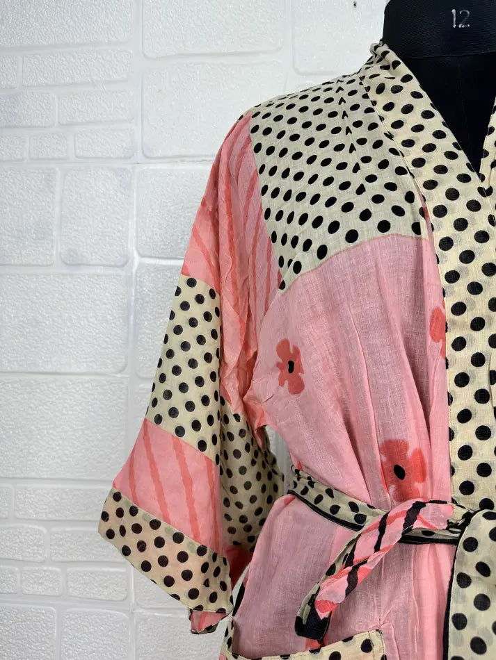 Cotton Kimono Robe in pink beige floral