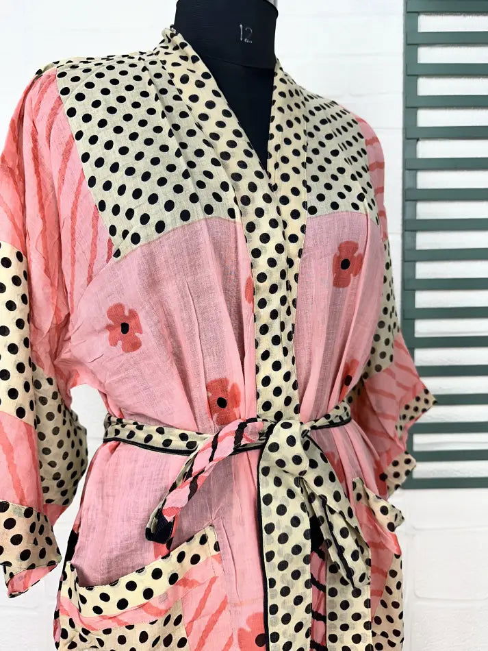 Cotton Kimono Robe in pink beige floral