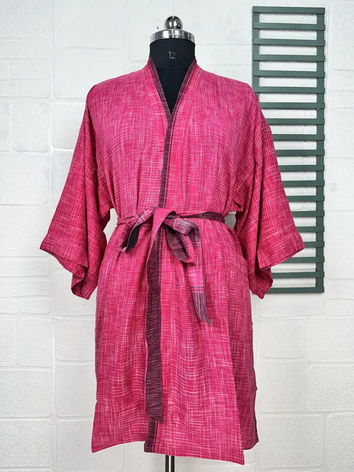 Cotton Kimono Robe in pink purple checked