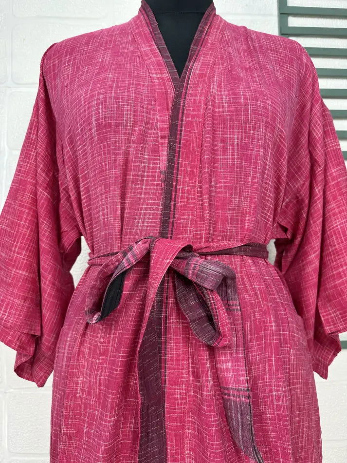 Cotton Kimono Robe in pink purple checked