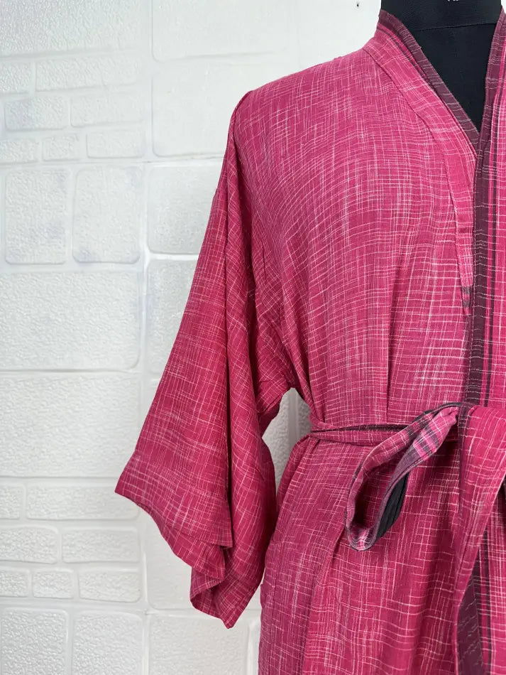 Cotton Kimono Robe in pink purple checked
