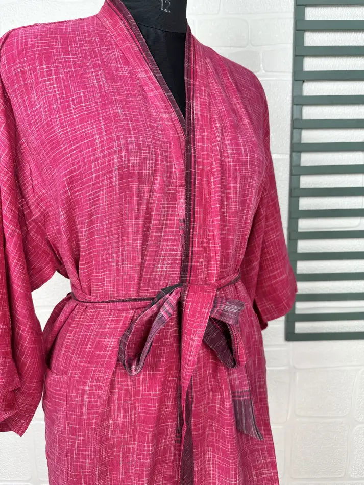 Cotton Kimono Robe in pink purple checked