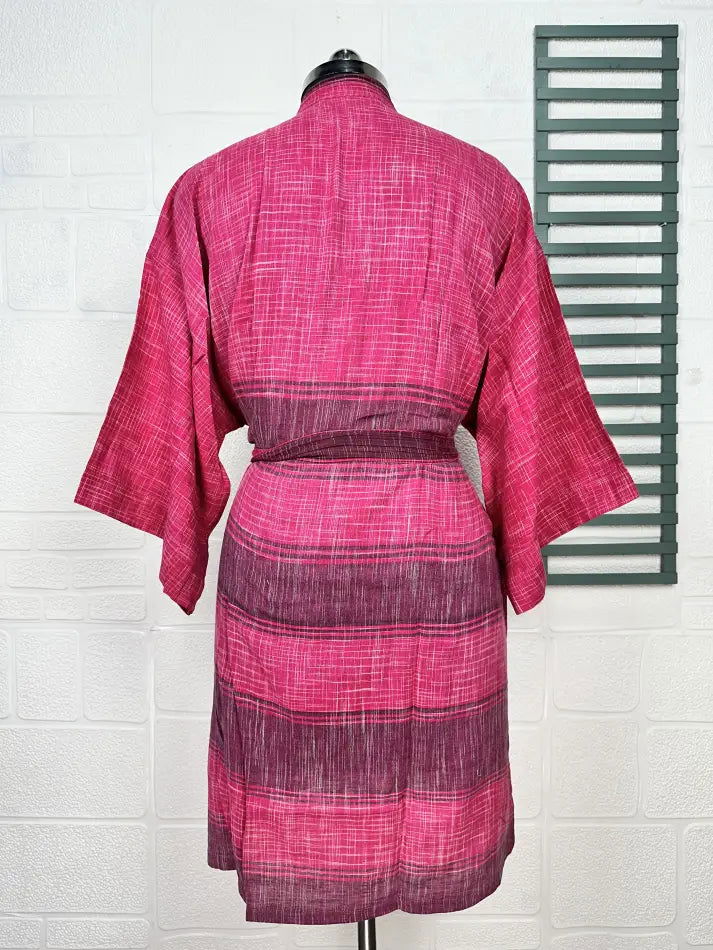 Cotton Kimono Robe in pink purple checked