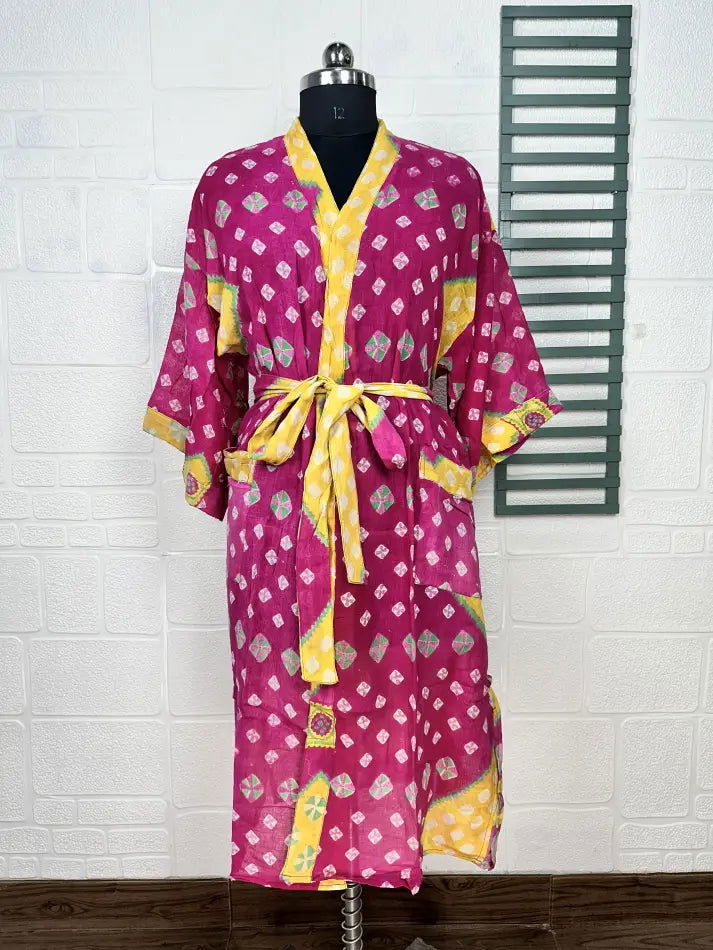 Cotton Kimono Robe in pink yellow geometric