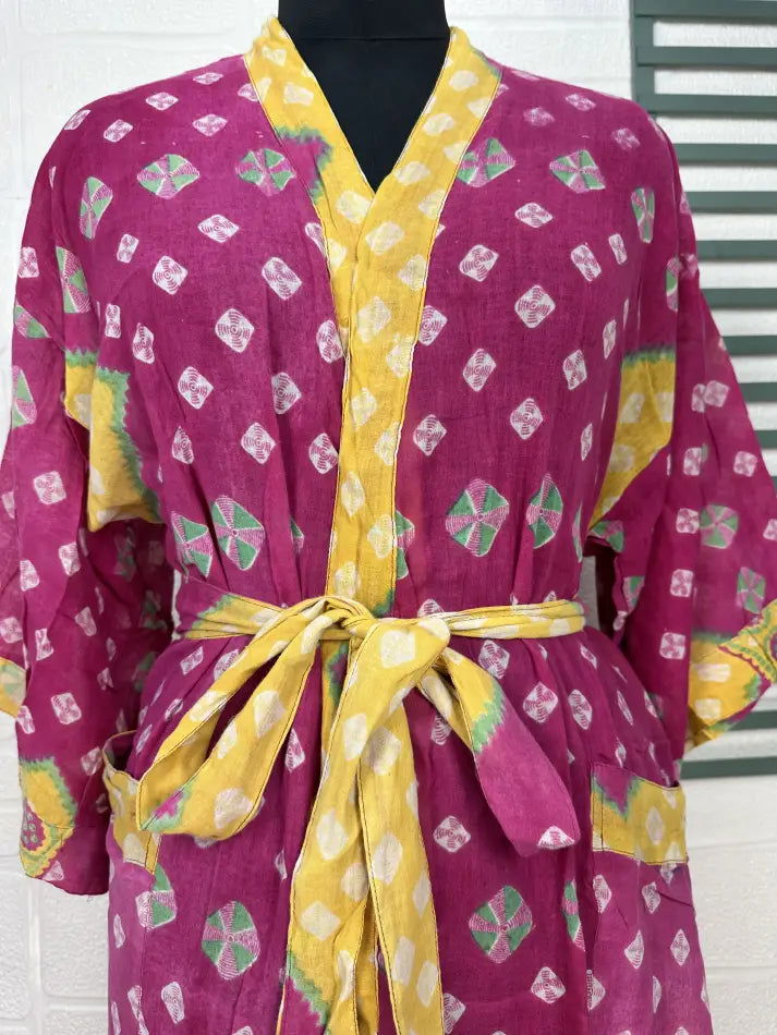 Cotton Kimono Robe in pink yellow geometric