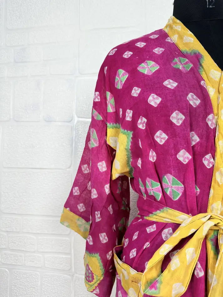 Cotton Kimono Robe in pink yellow geometric