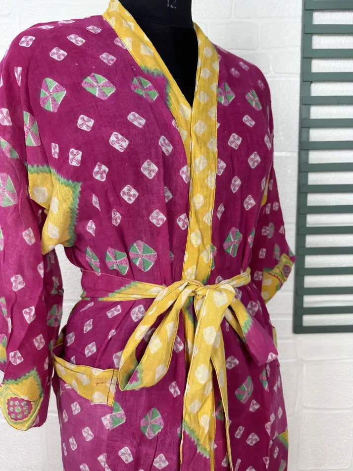 Cotton Kimono Robe in pink yellow geometric
