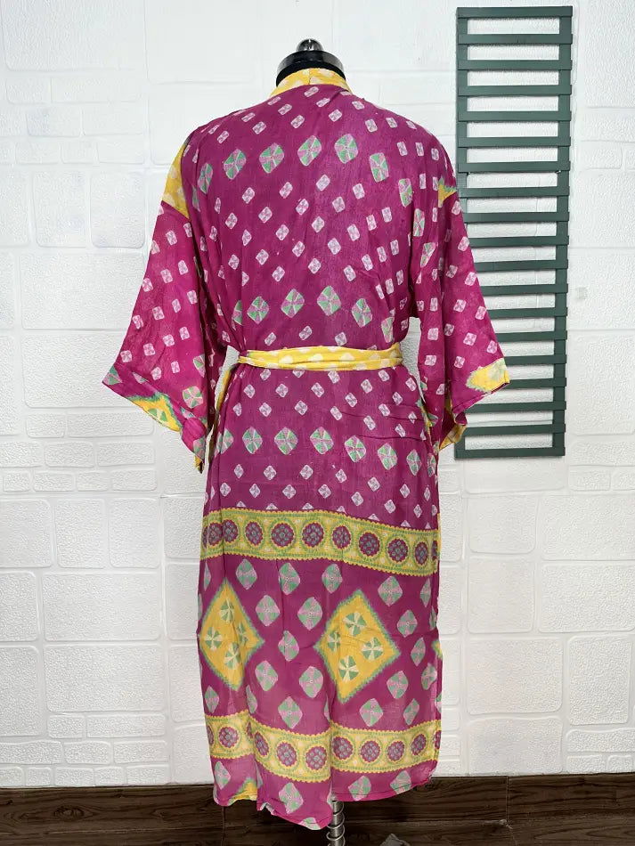 Cotton Kimono Robe in pink yellow geometric