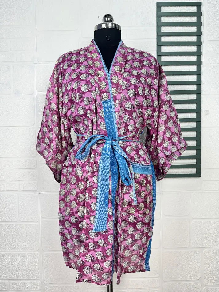 Cotton Kimono Robe in purple blue floral