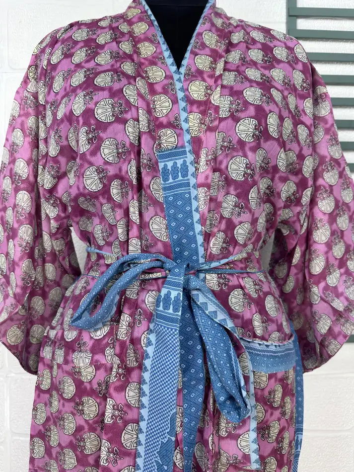 Cotton Kimono Robe in purple blue floral