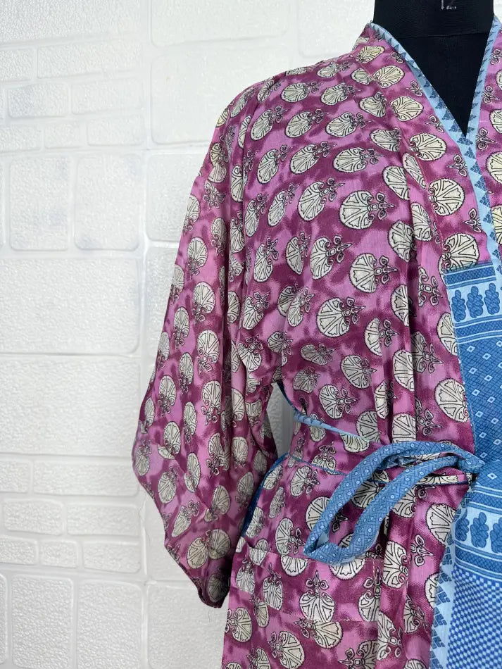 Cotton Kimono Robe in purple blue floral