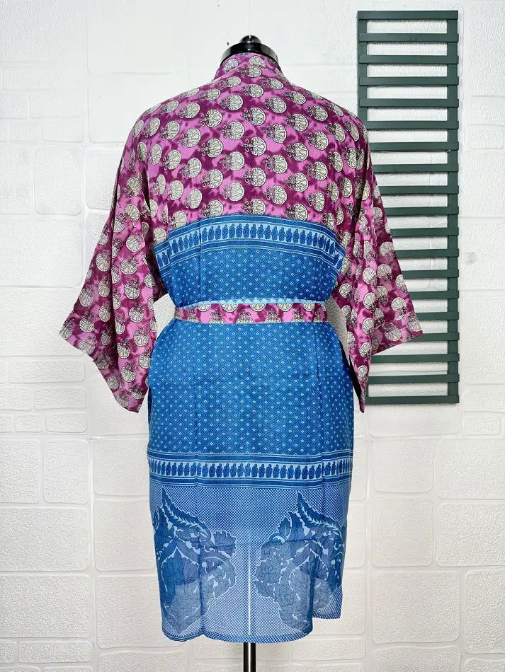 Cotton Kimono Robe in purple blue floral