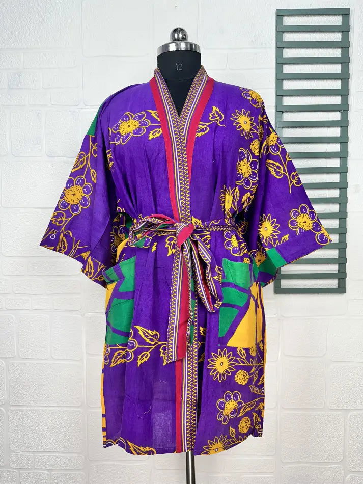 Cotton Kimono Robe in purple yellow floral
