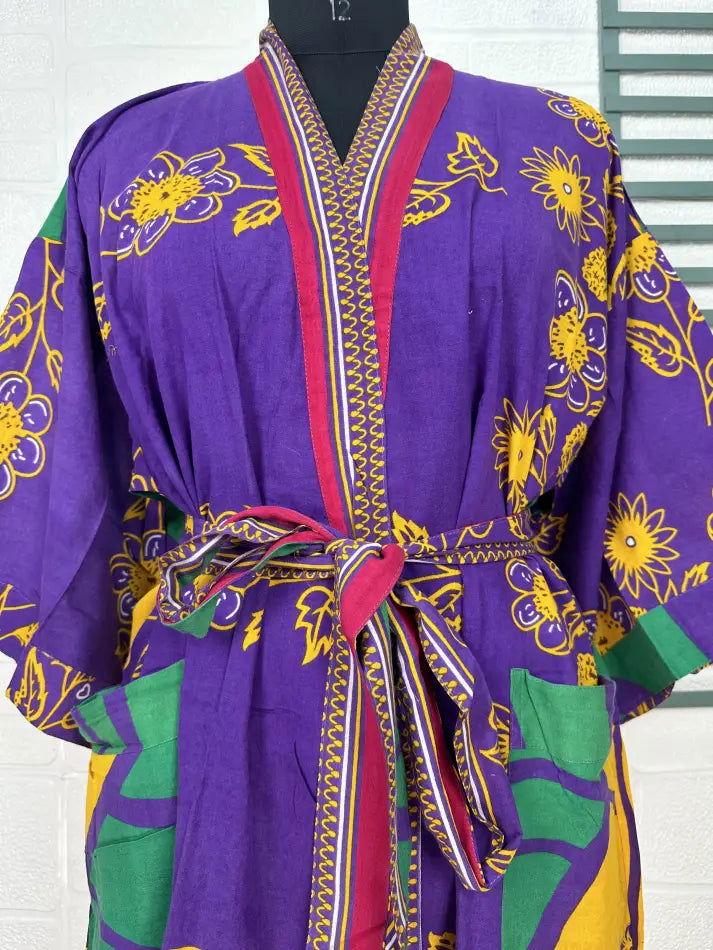 Cotton Kimono Robe in purple yellow floral