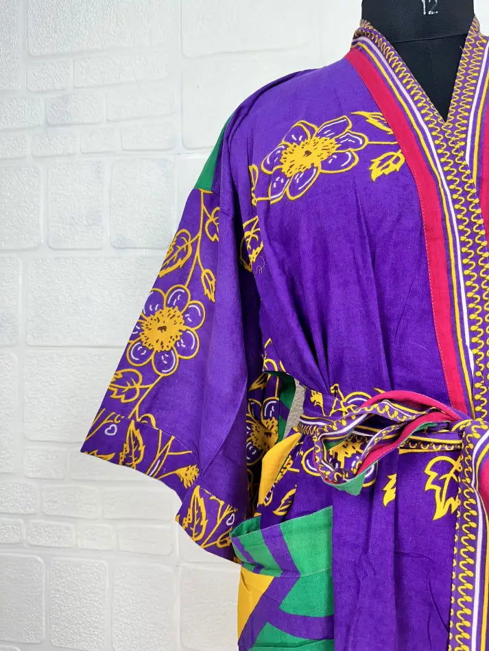 Cotton Kimono Robe in purple yellow floral