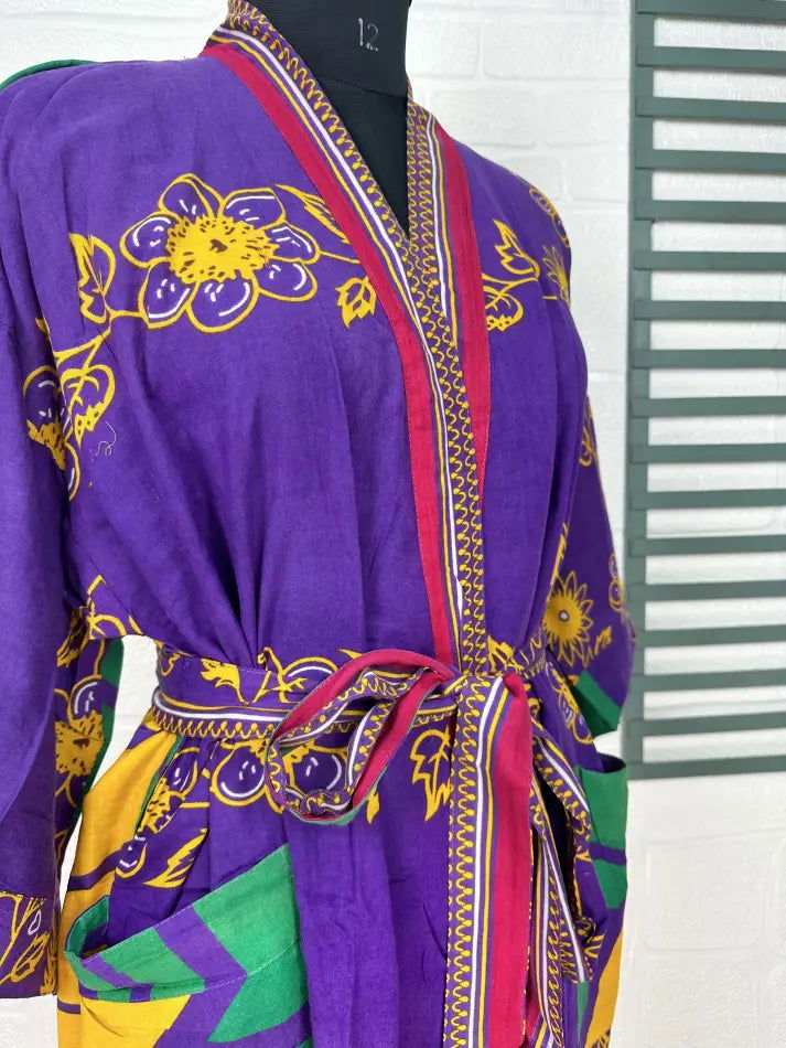 Cotton Kimono Robe in purple yellow floral