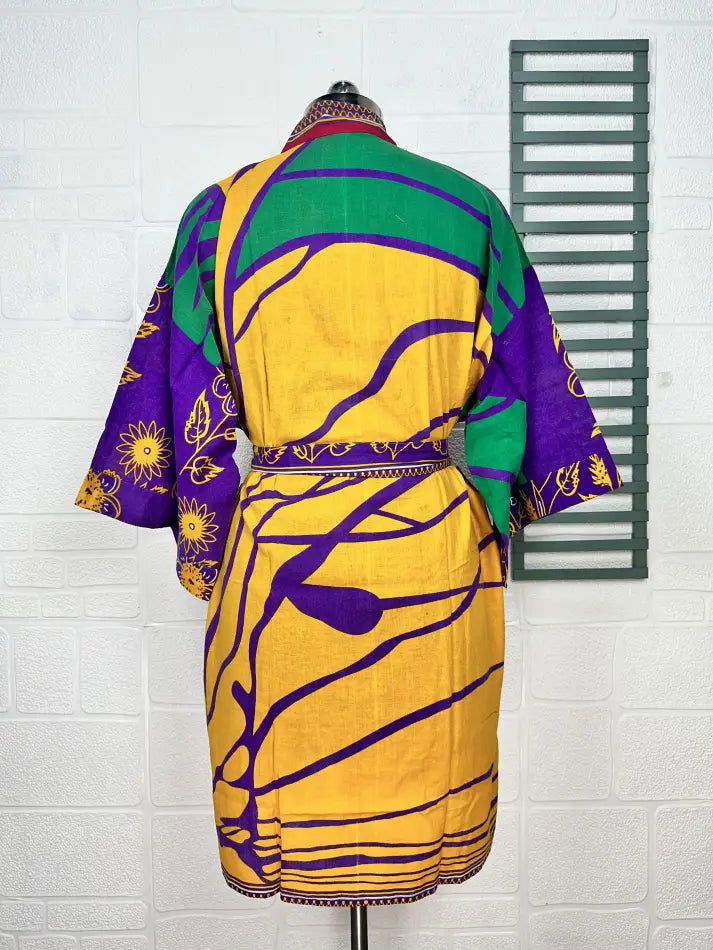 Cotton Kimono Robe in purple yellow floral
