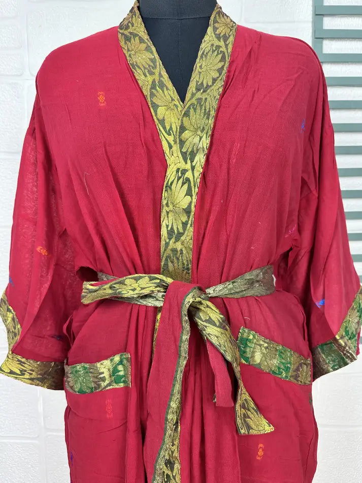 Cotton Kimono Robe in red yellow floral
