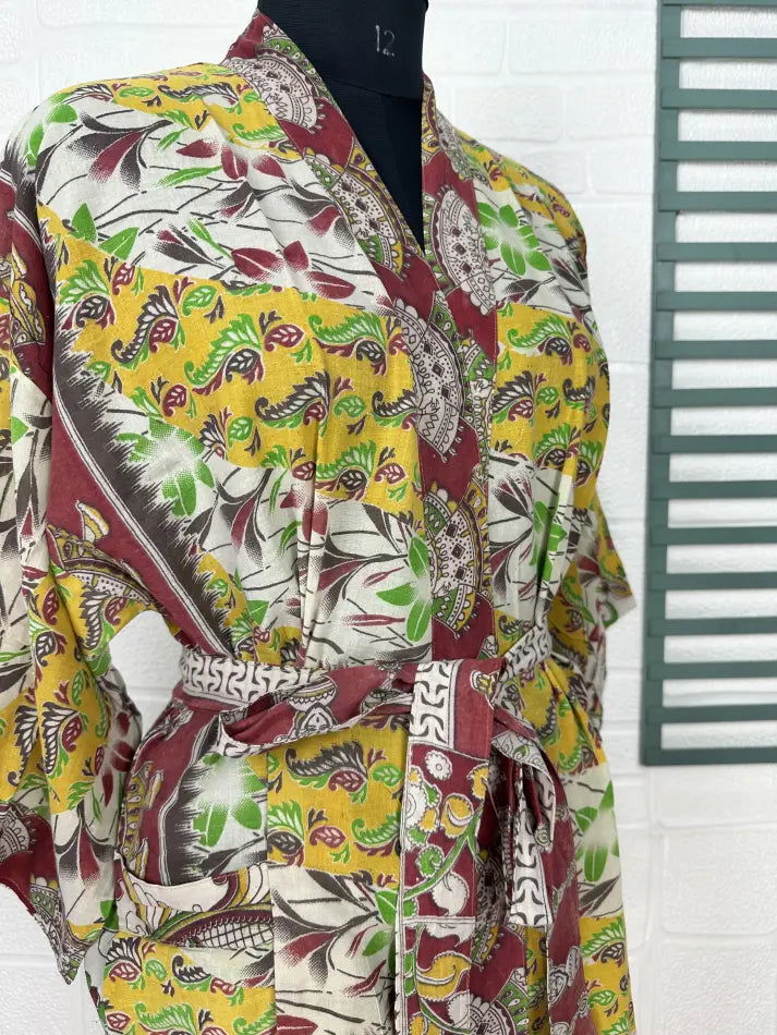 Cotton Kimono Robe in white yellow floral
