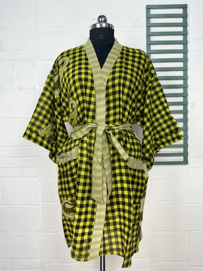 Cotton Kimono Robe in yellow black paisley
