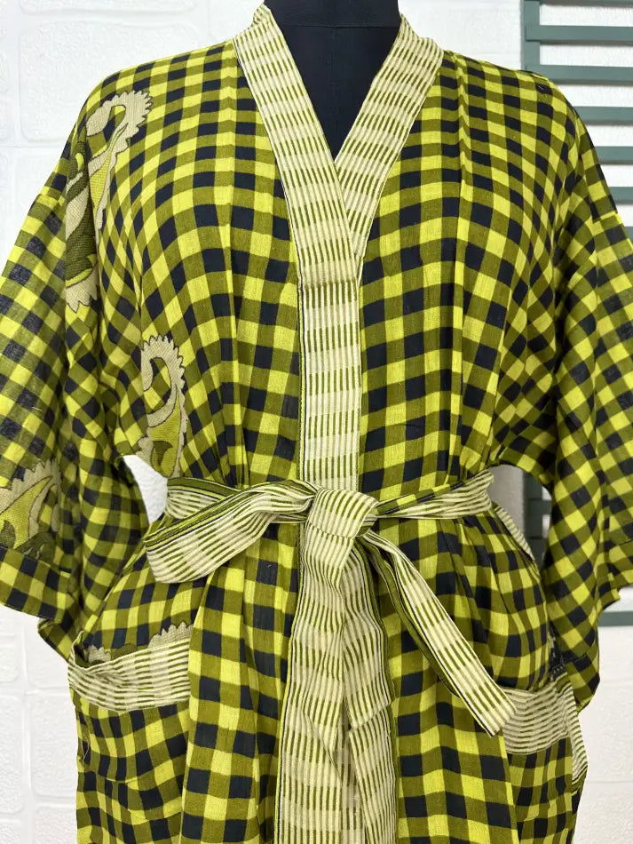 Cotton Kimono Robe in yellow black paisley