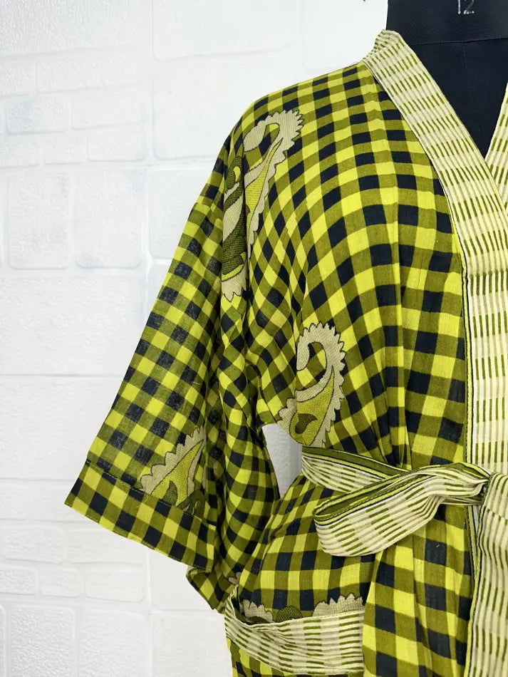 Cotton Kimono Robe in yellow black paisley