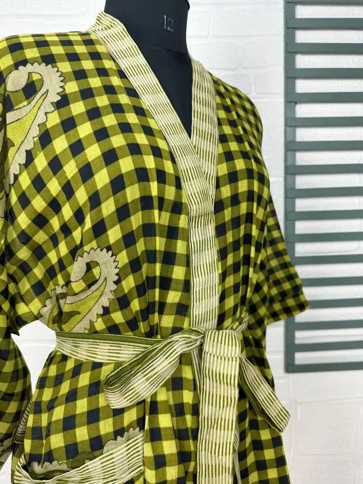 Cotton Kimono Robe in yellow black paisley