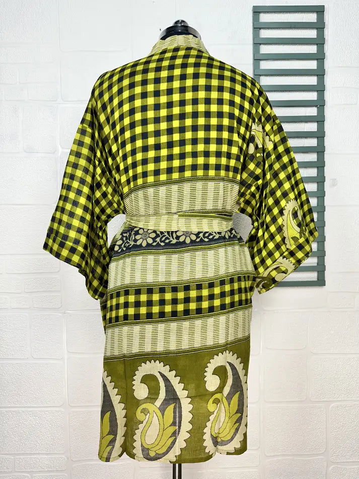 Cotton Kimono Robe in yellow black paisley