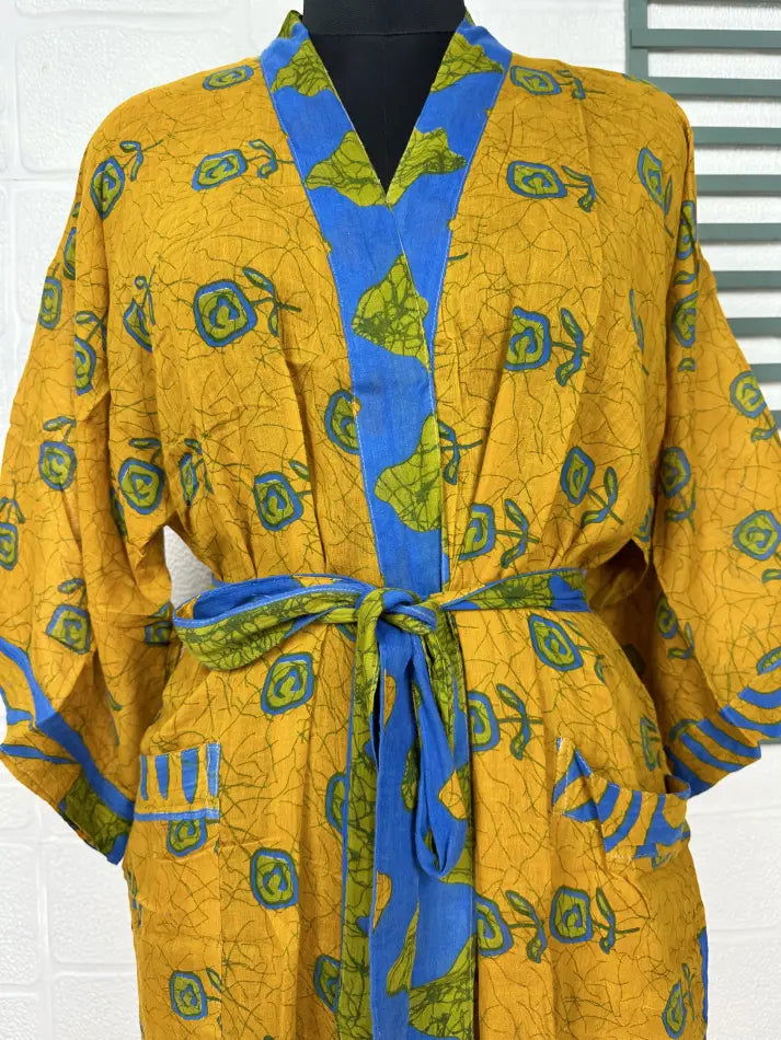 Cotton Kimono Robe in yellow blue floral