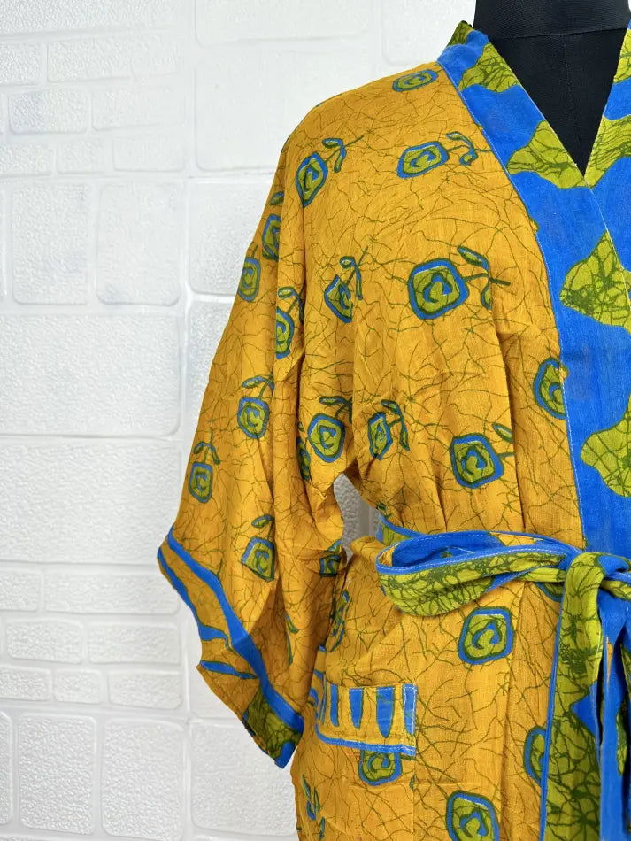 Cotton Kimono Robe in yellow blue floral