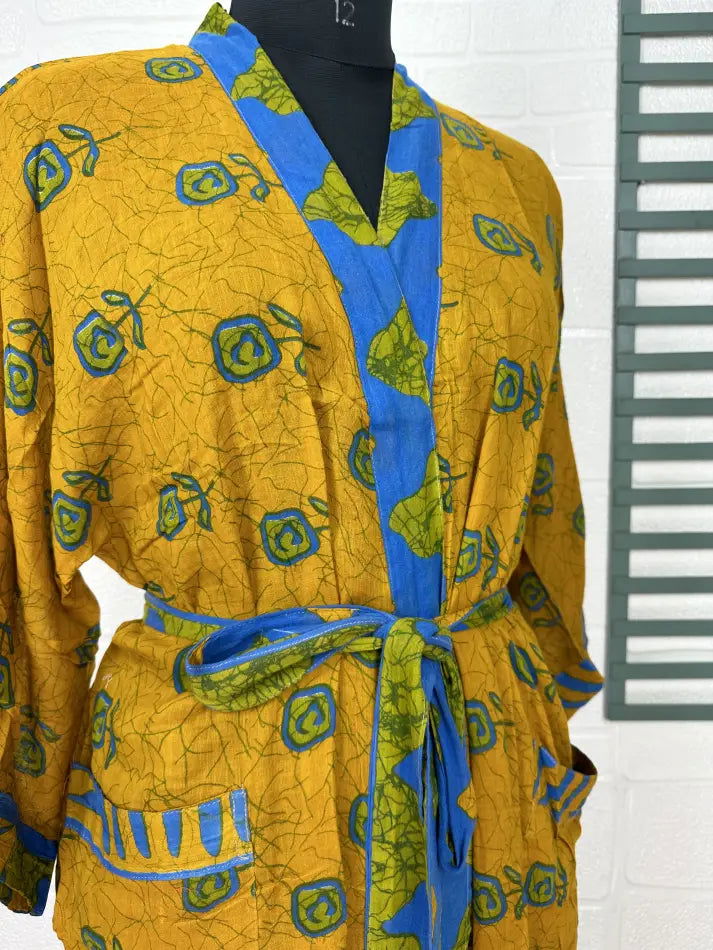 Cotton Kimono Robe in yellow blue floral