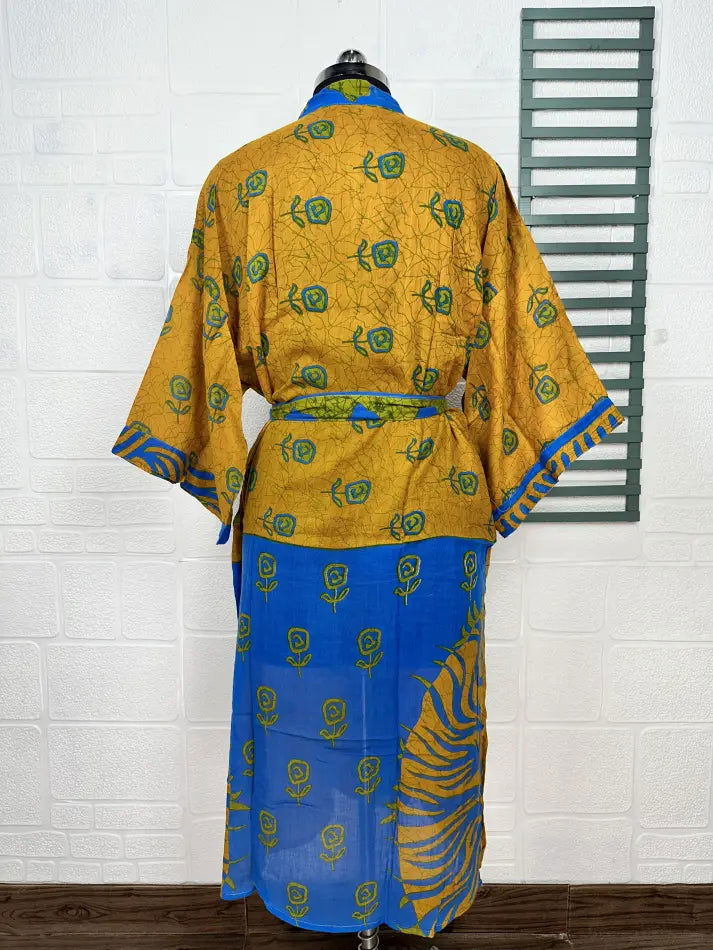 Cotton Kimono Robe in yellow blue floral