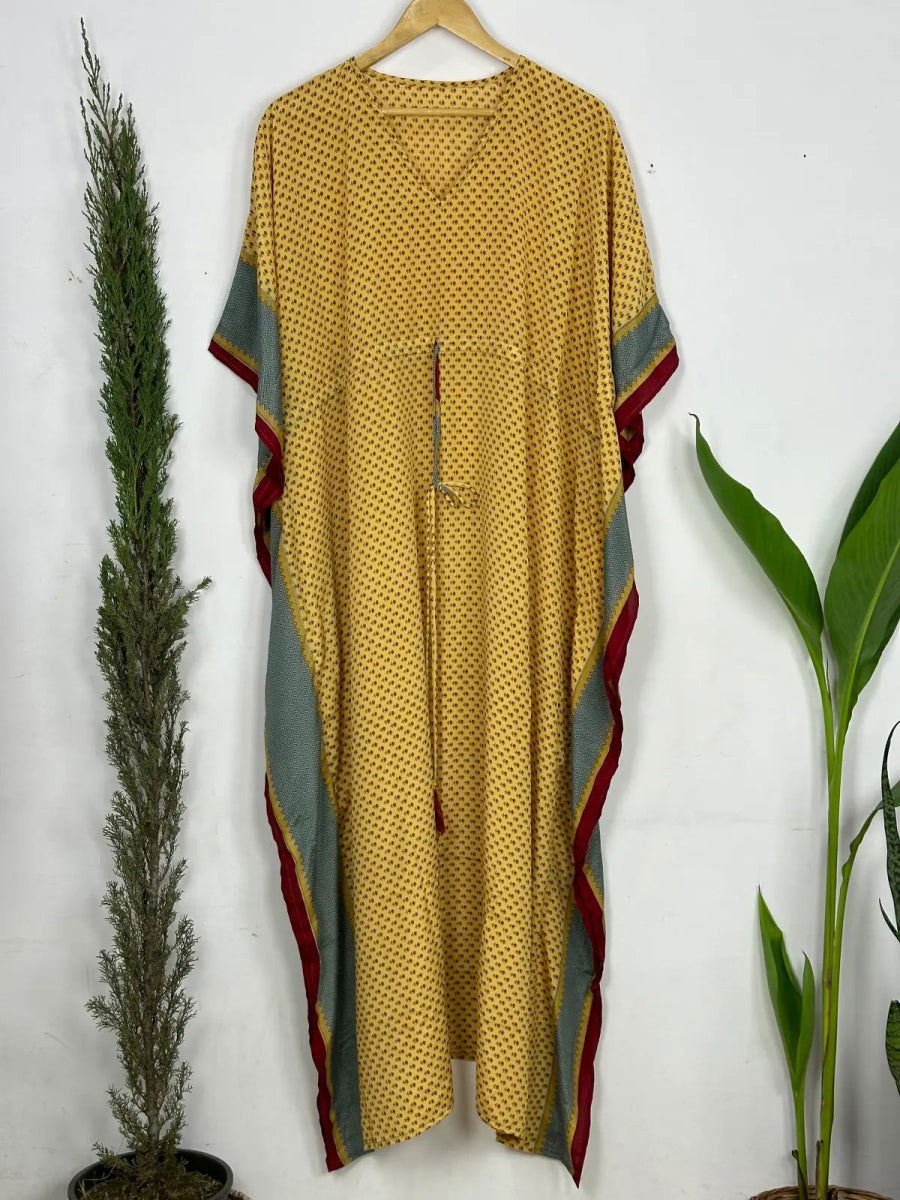 Women's Recycled Silk Long Kaftan in golden red floral