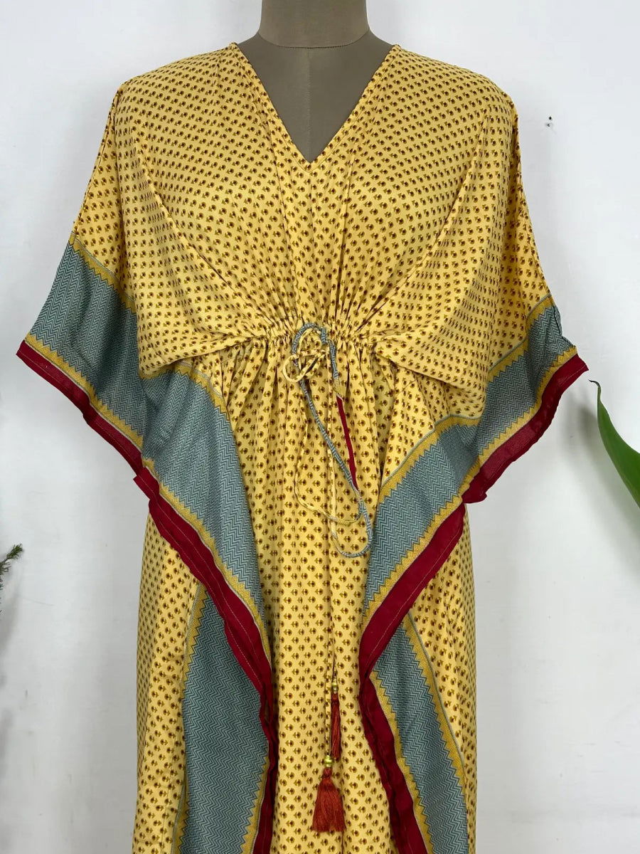 Women's Recycled Silk Long Kaftan in golden red floral