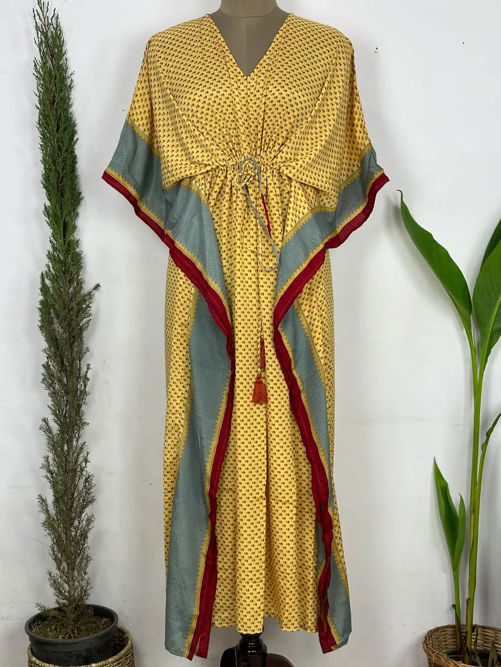 Women's Recycled Silk Long Kaftan in golden red floral