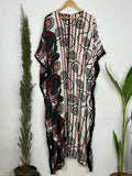 Women's Recycled Silk Long Kaftan in grey red geometric