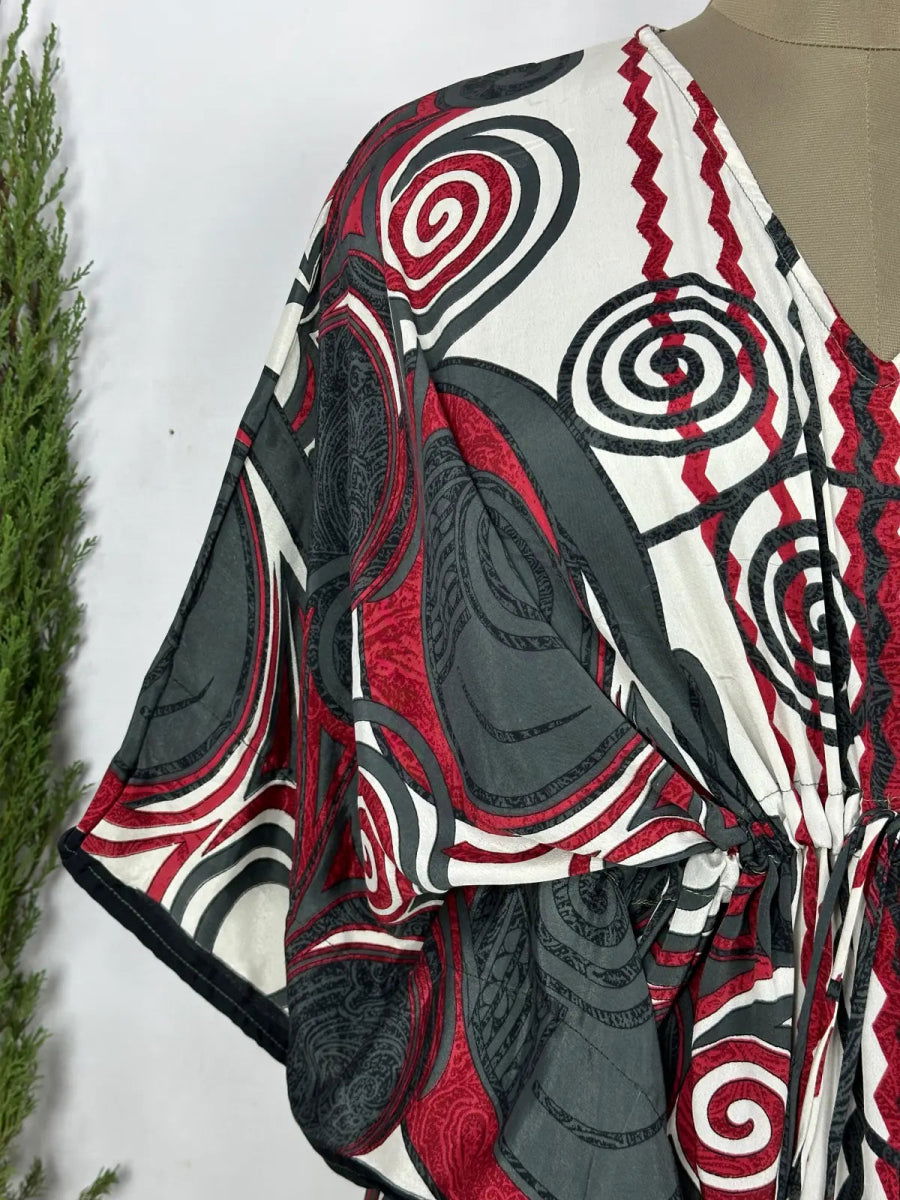 Women's Recycled Silk Long Kaftan in grey red geometric