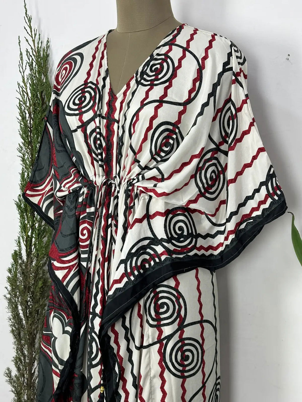 Women's Recycled Silk Long Kaftan in grey red geometric
