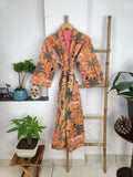 Women's reversible Kantha-stitched block-printed Cotton Kimono Robe